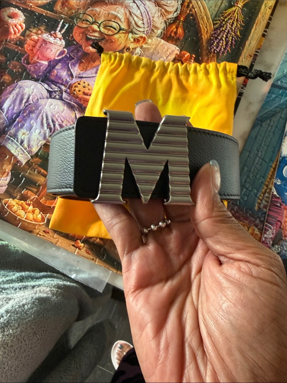MCM NWT Gray Leather Belt with Silver 'M' Buckle